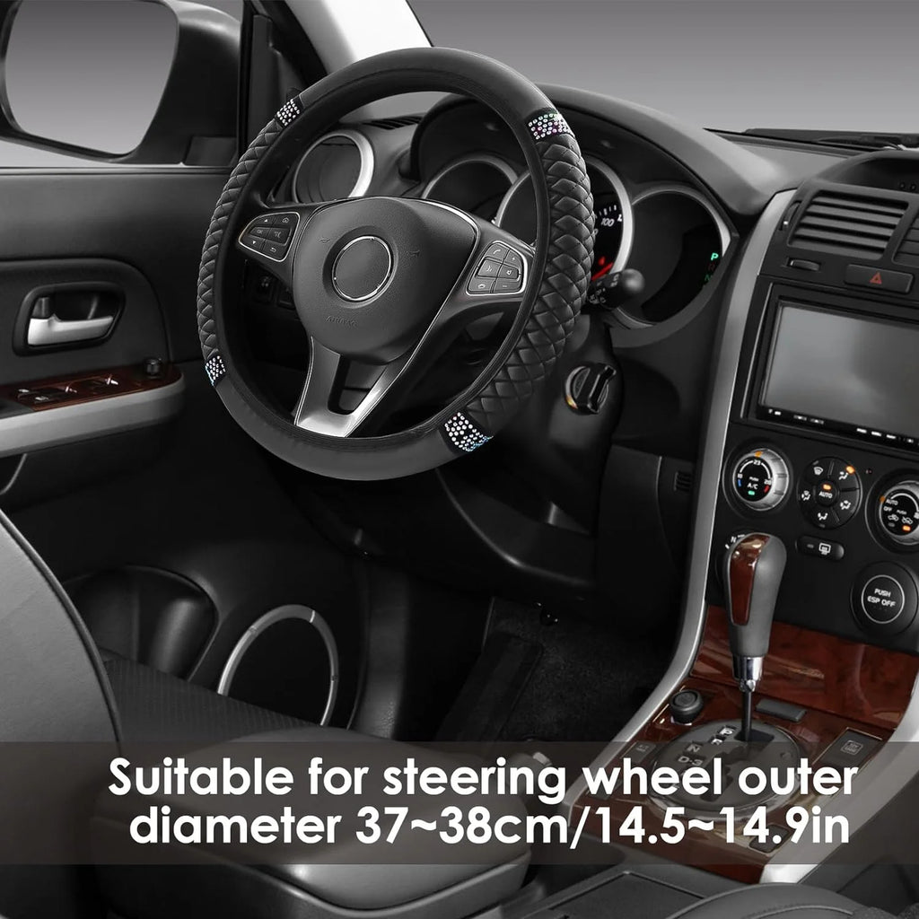 Leather Car Steering Wheel Cover with Anti-Slip Lining, Universal 15 Inch, Black