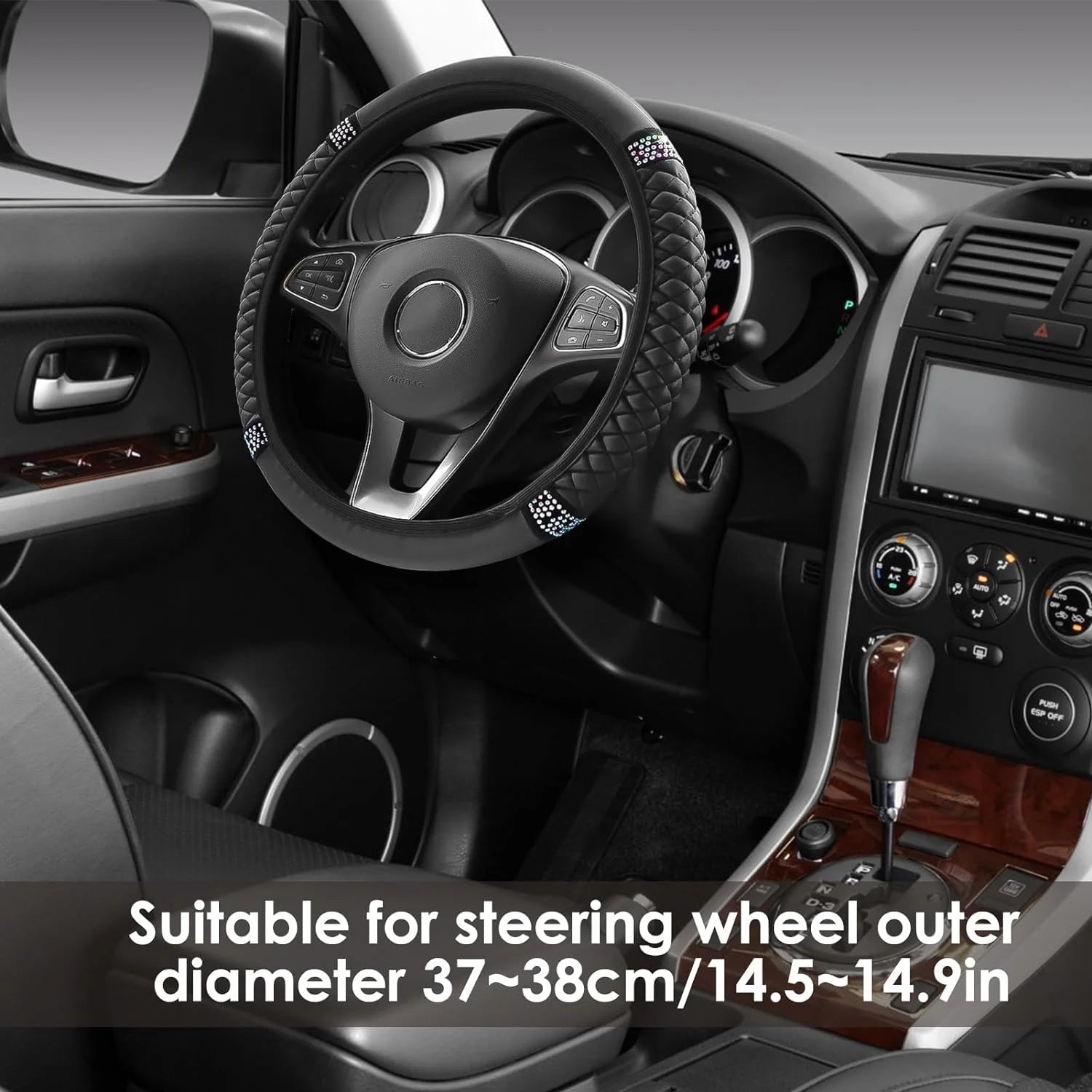 Leather Car Steering Wheel Cover with Anti-Slip Lining, Universal 15 Inch, Black