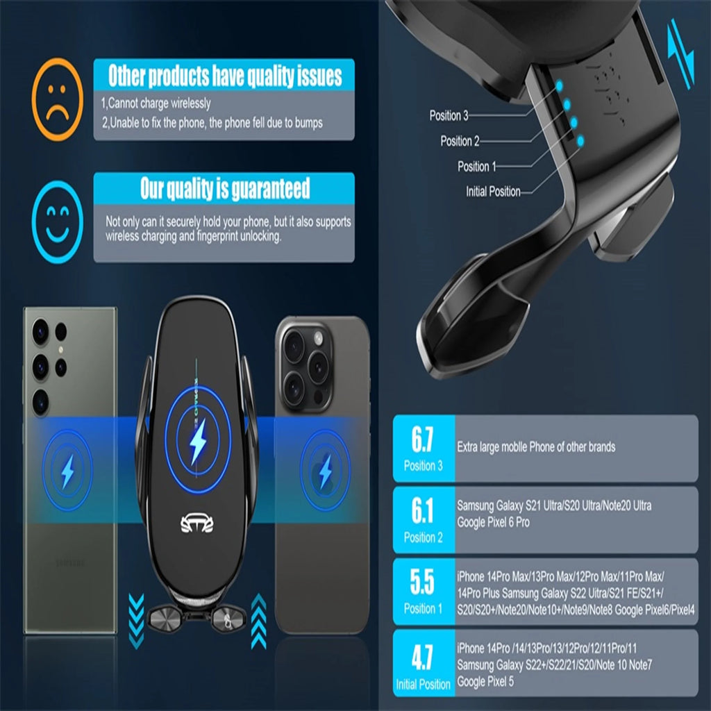Wireless Car Charger 15W Fast Wireless Charger for Car Auto Clamping, Fit for Iphone 15 14 13 12 11 Pro Max Xs, Samsung Galaxy S23 Ultra S22 S21 S20 S10 S9 Note 9