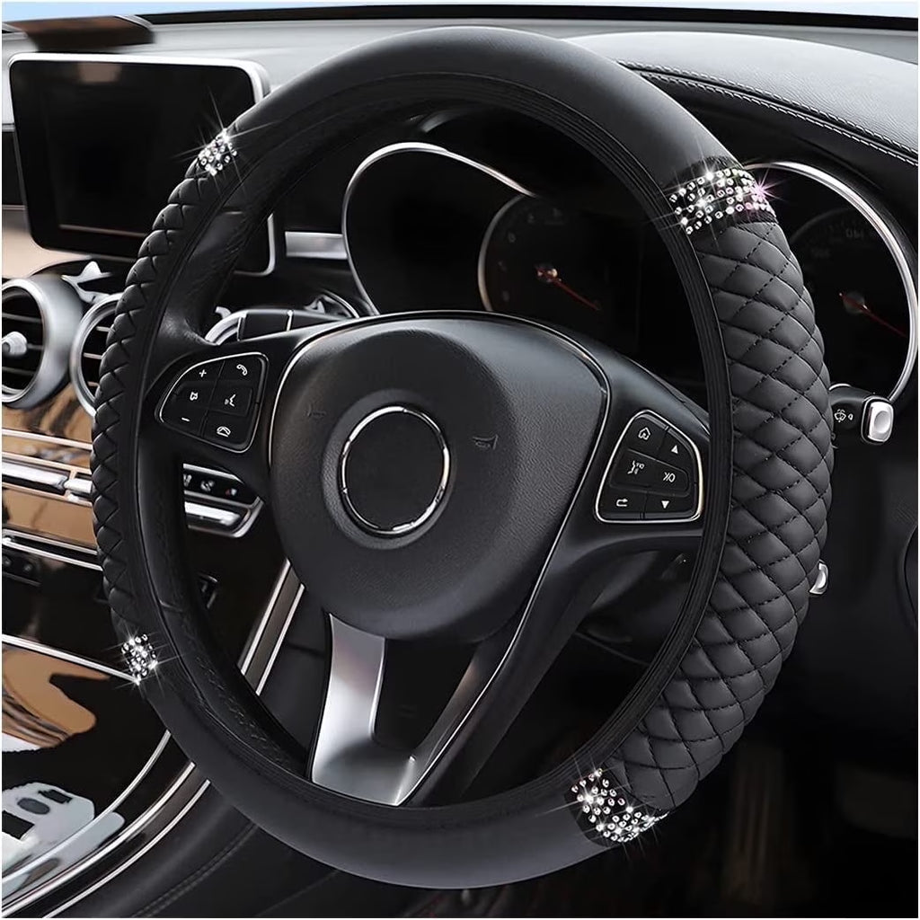 Leather Car Steering Wheel Cover with Anti-Slip Lining, Universal 15 Inch, Black
