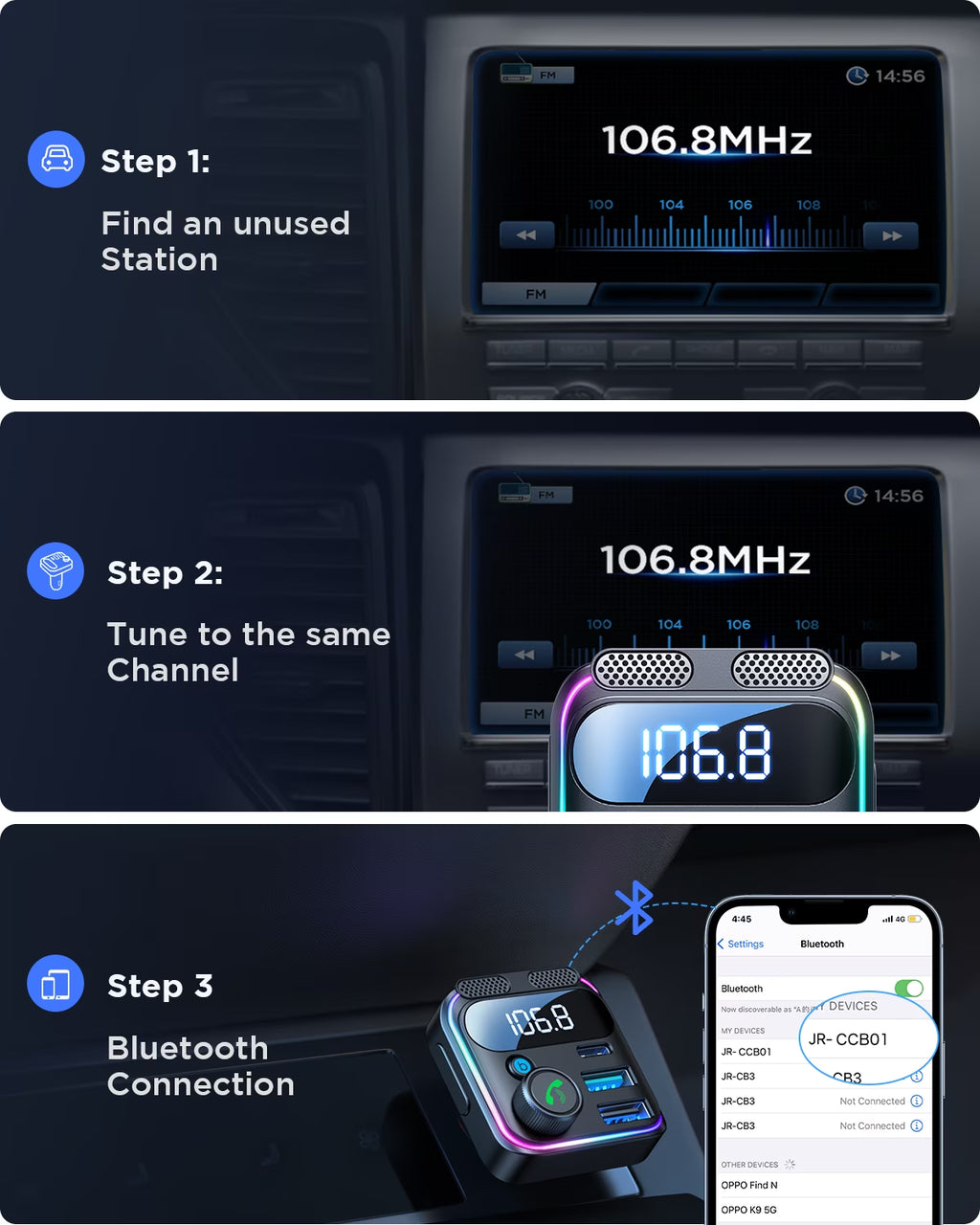 Bluetooth FM Transmitter for Car, Wireless Bluetooth 5.3 Car Adapter, PD & QC 3.0 USB Car Charger, Handsfree Car Kit MP3 Player, Support U Disk