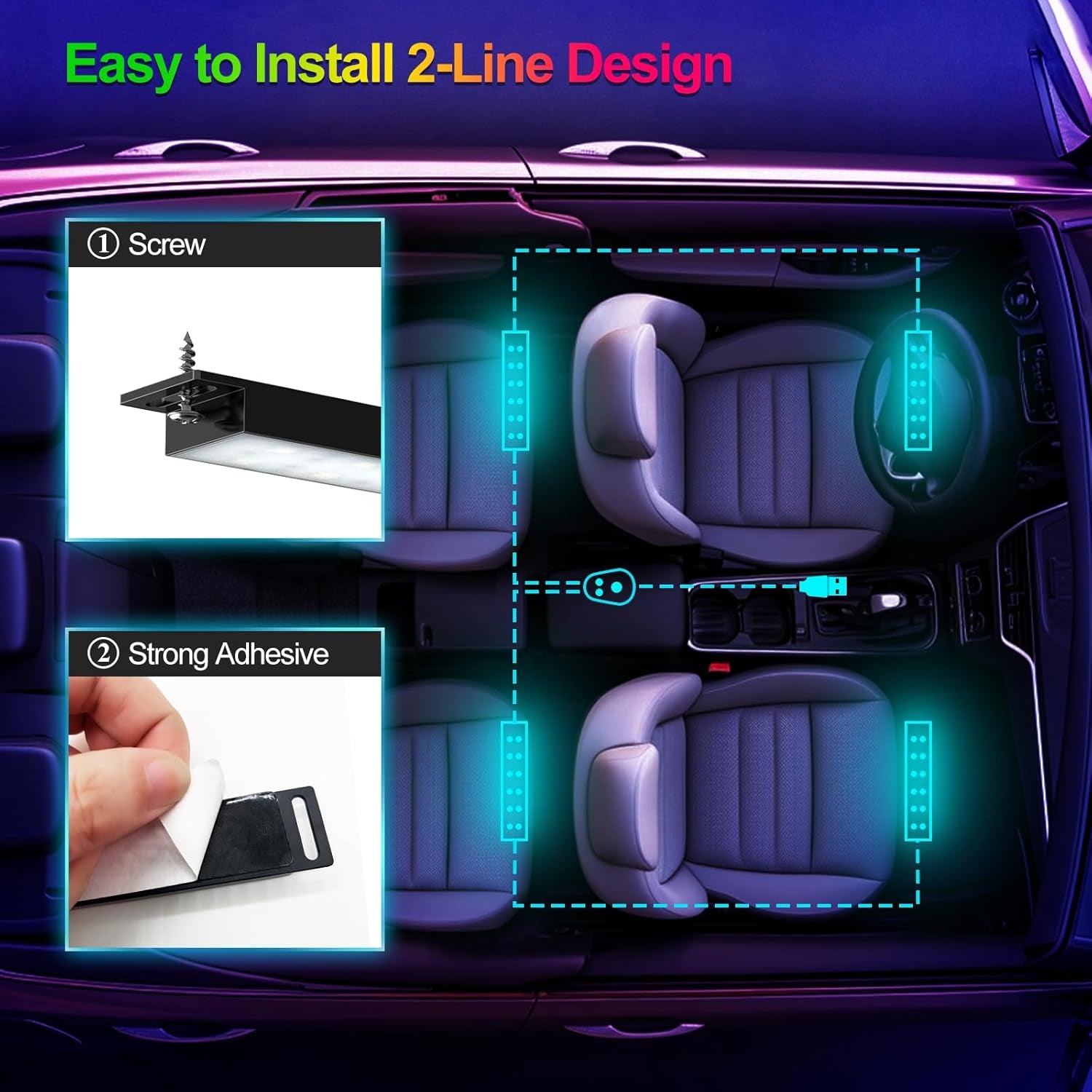 LED Car Lights Interior Multcolor Lights for Car inside with APP and Control Box, Music Sync USB under Dash Lighting Kit for Cars, Trucks, Suvs, DC 5V