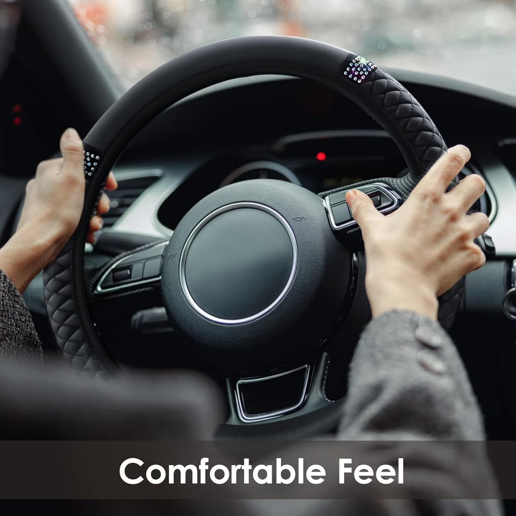 Leather Car Steering Wheel Cover with Anti-Slip Lining, Universal 15 Inch, Black