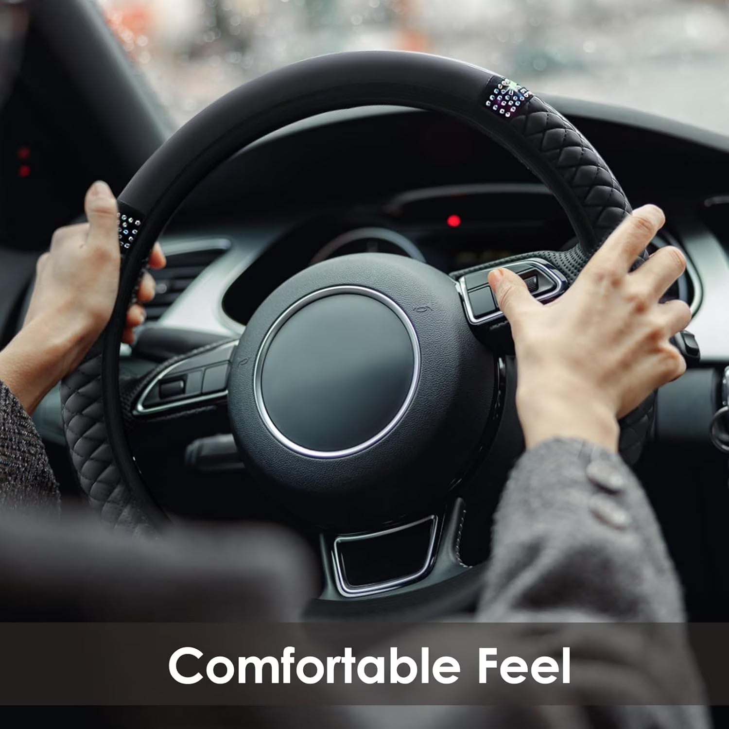 Leather Car Steering Wheel Cover with Anti-Slip Lining, Universal 15 Inch, Black