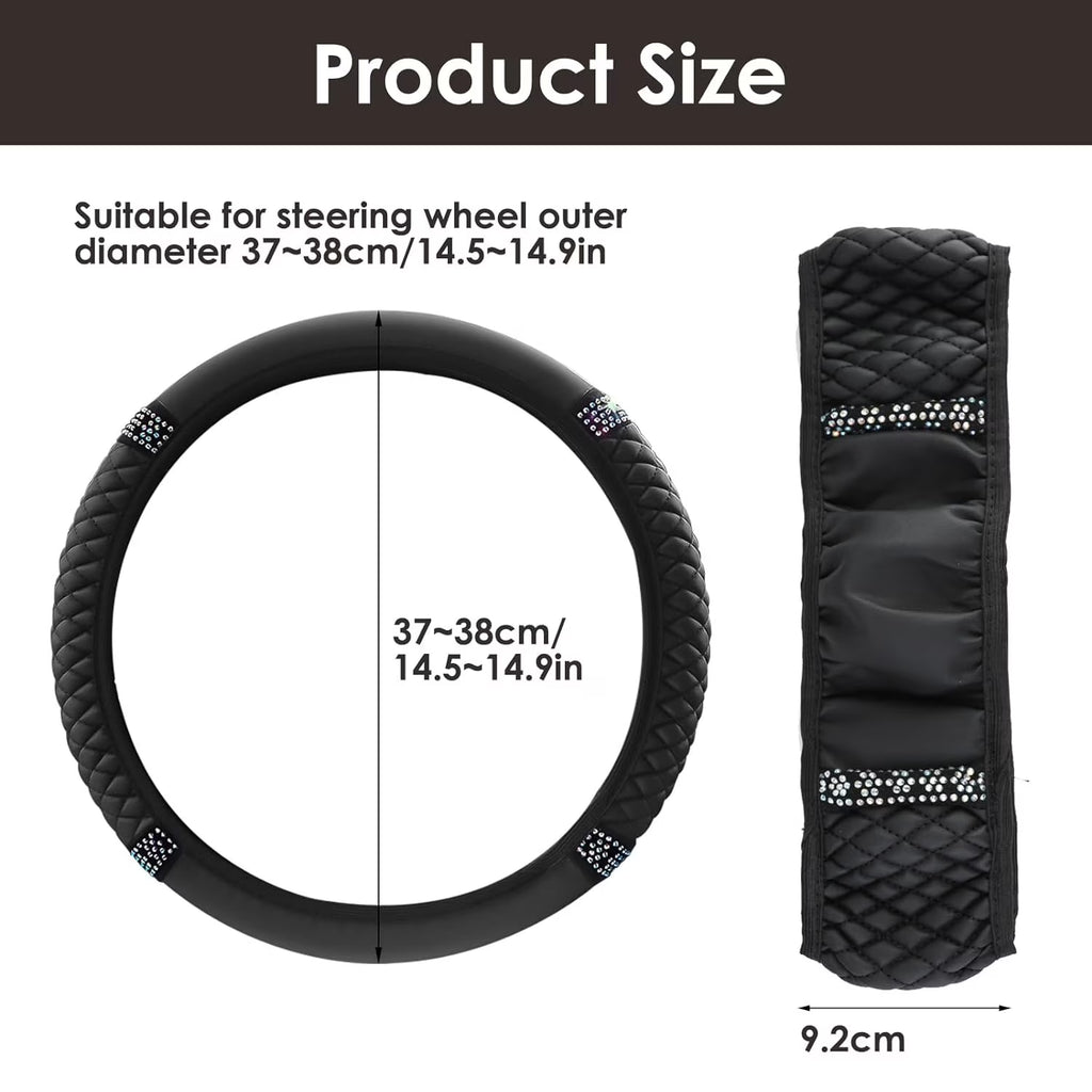 Leather Car Steering Wheel Cover with Anti-Slip Lining, Universal 15 Inch, Black