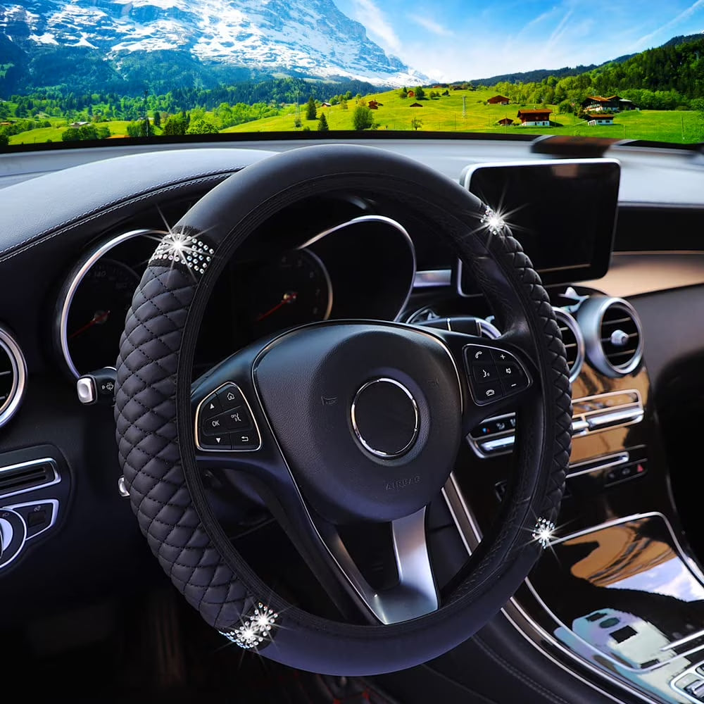 Leather Car Steering Wheel Cover with Anti-Slip Lining, Universal 15 Inch, Black