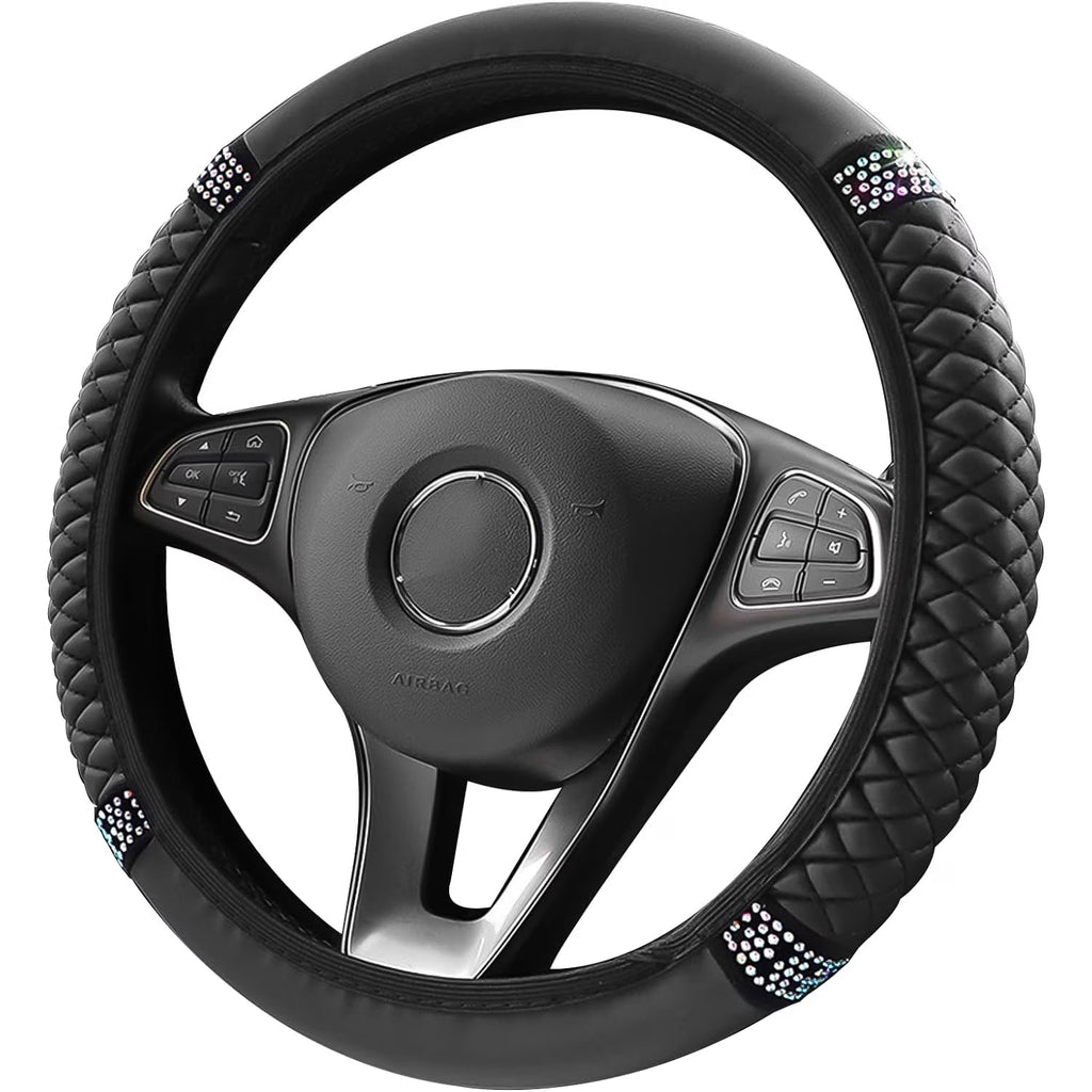 Leather Car Steering Wheel Cover with Anti-Slip Lining, Universal 15 Inch, Black