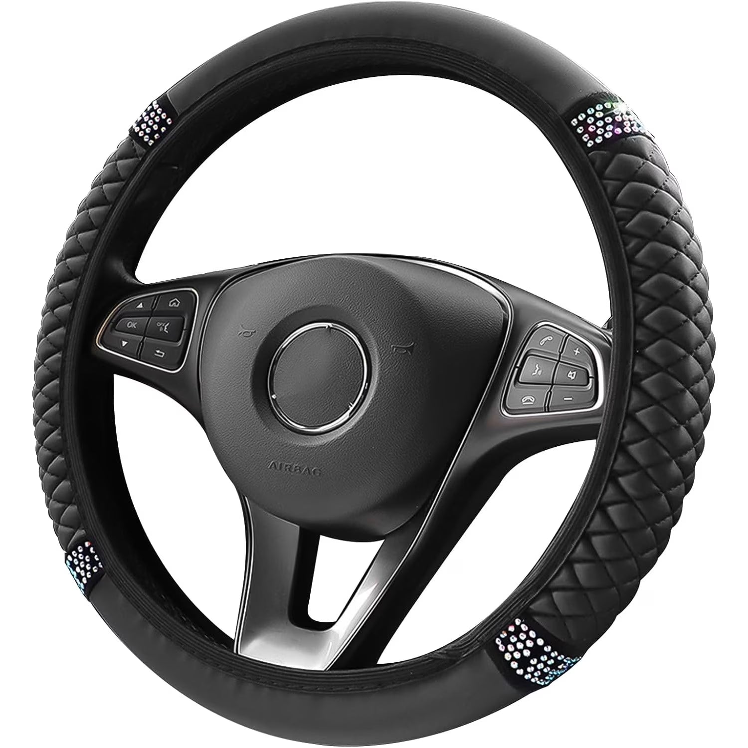 Leather Car Steering Wheel Cover with Anti-Slip Lining, Universal 15 Inch, Black