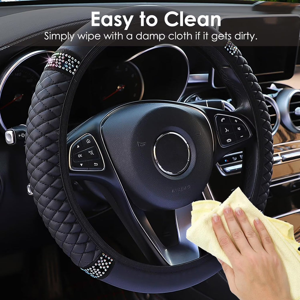 Leather Car Steering Wheel Cover with Anti-Slip Lining, Universal 15 Inch, Black