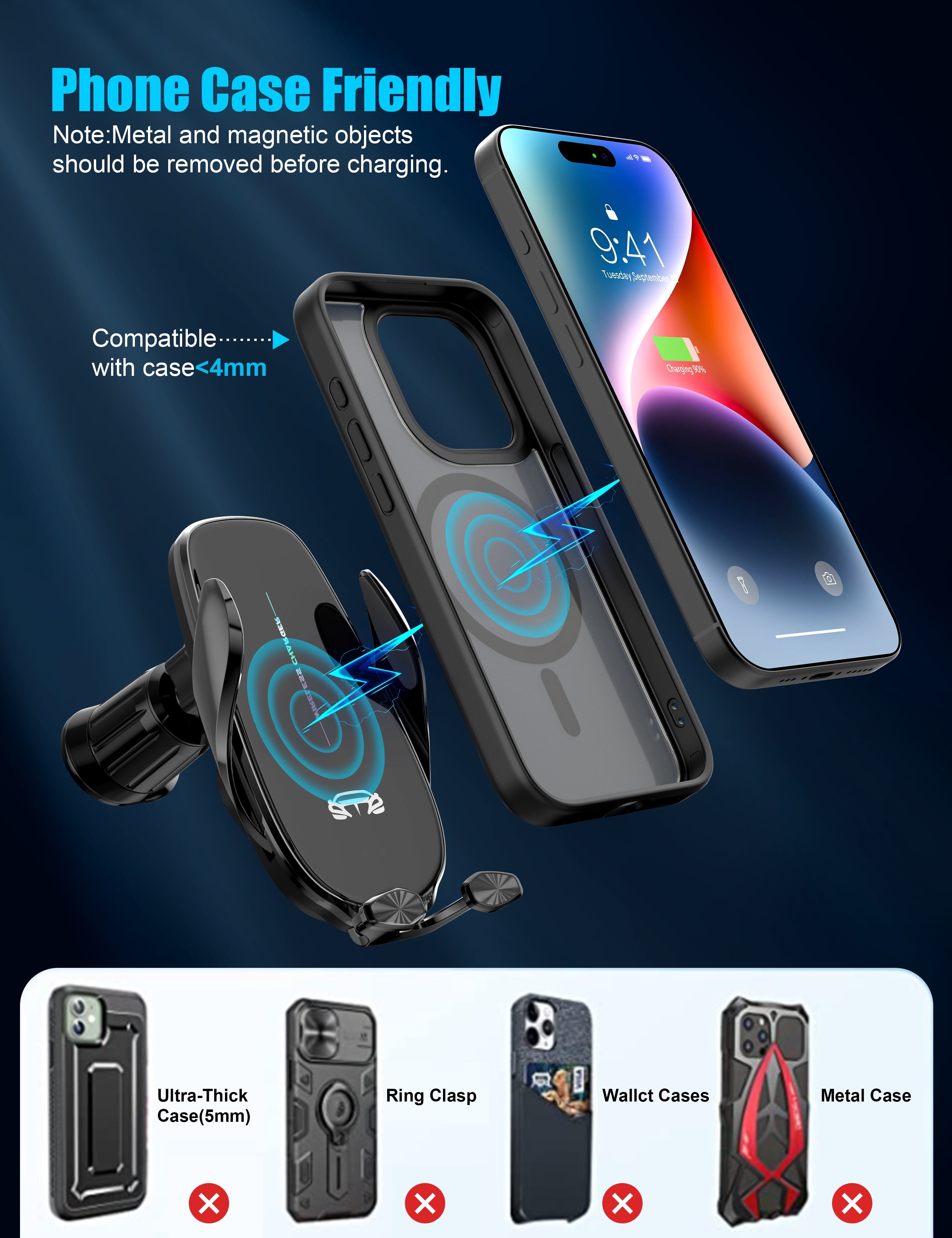 Wireless Car Charger 15W Fast Wireless Charger for Car Auto Clamping, Fit for Iphone 15 14 13 12 11 Pro Max Xs, Samsung Galaxy S23 Ultra S22 S21 S20 S10 S9 Note 9