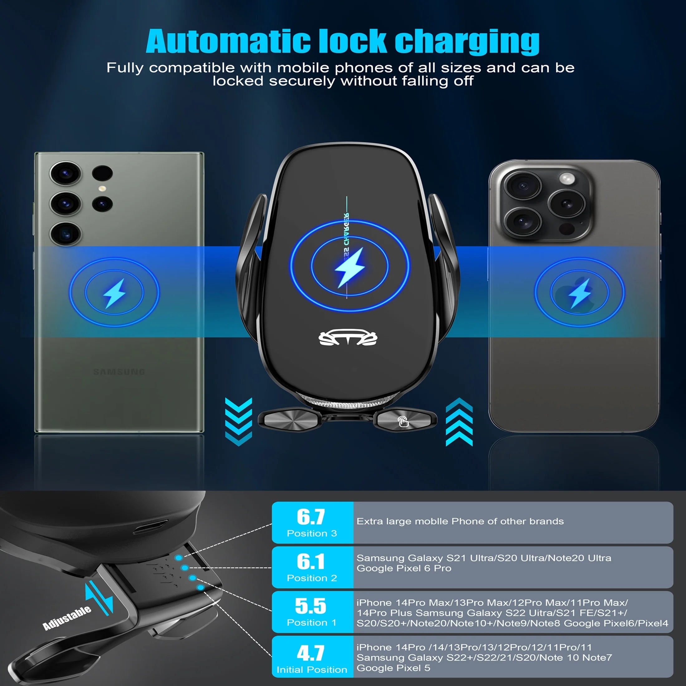 Wireless Car Charger 15W Fast Wireless Charger for Car Auto Clamping, Fit for Iphone 15 14 13 12 11 Pro Max Xs, Samsung Galaxy S23 Ultra S22 S21 S20 S10 S9 Note 9