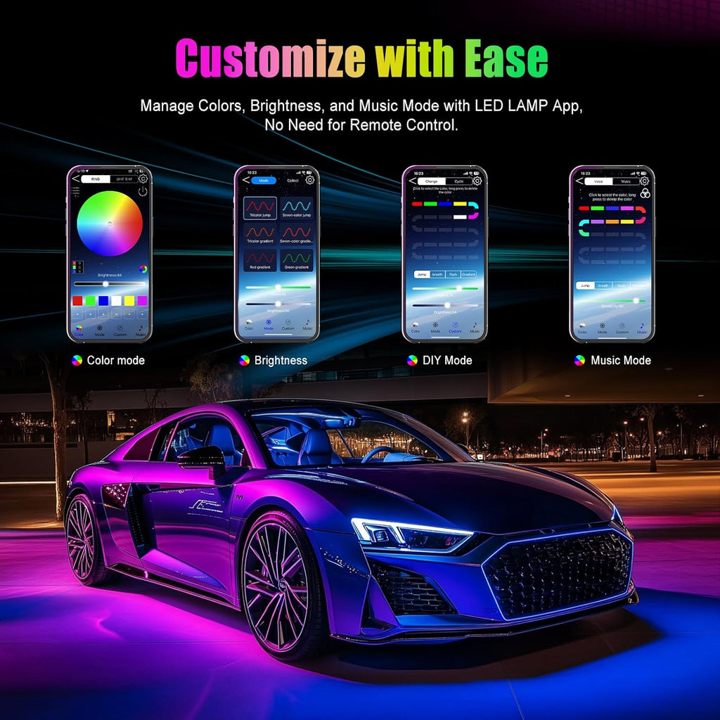 LED Car Lights Interior Multcolor Lights for Car inside with APP and Control Box, Music Sync USB under Dash Lighting Kit for Cars, Trucks, Suvs, DC 5V