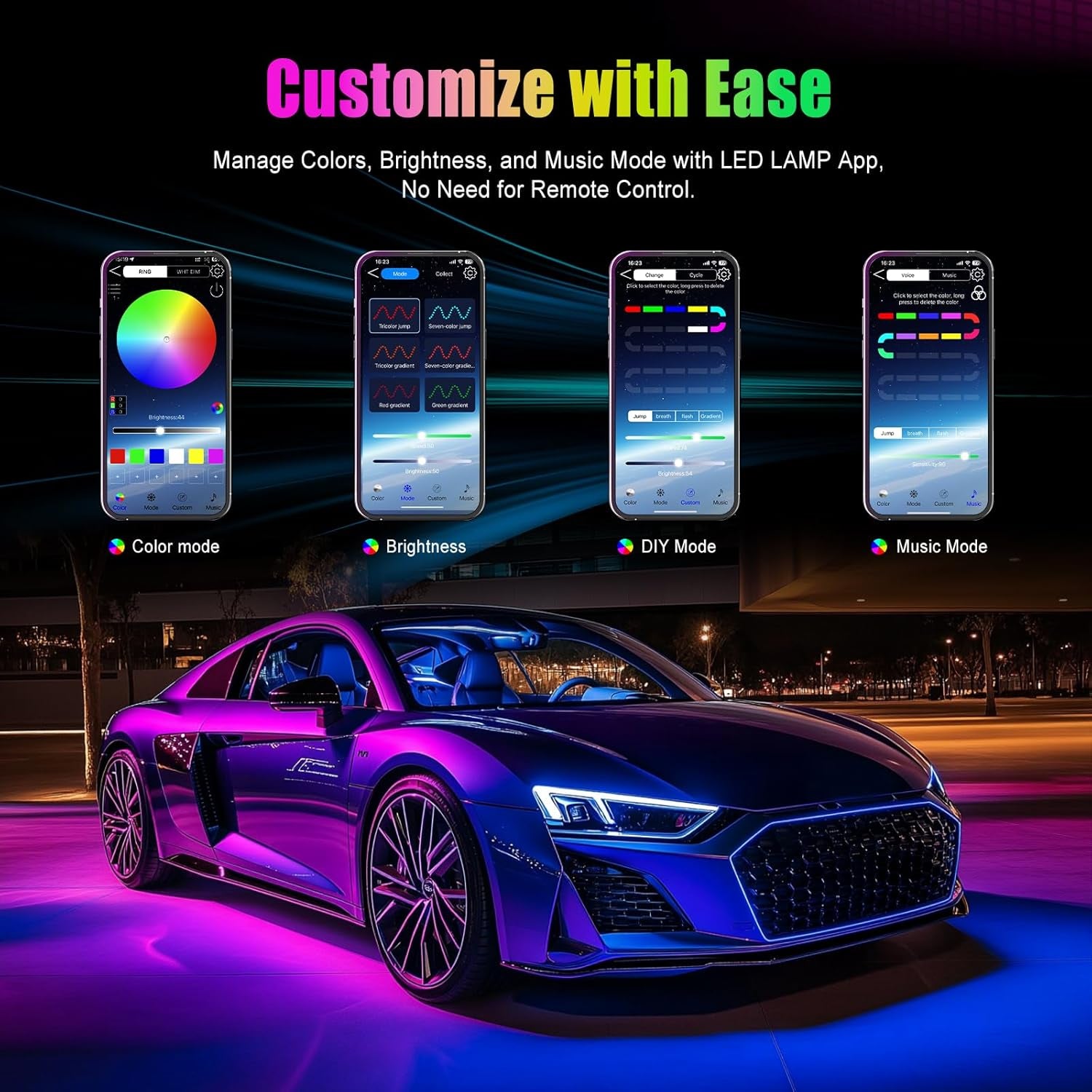 LED Car Lights Interior Multcolor Lights for Car inside with APP and Control Box, Music Sync USB under Dash Lighting Kit for Cars, Trucks, Suvs, DC 5V